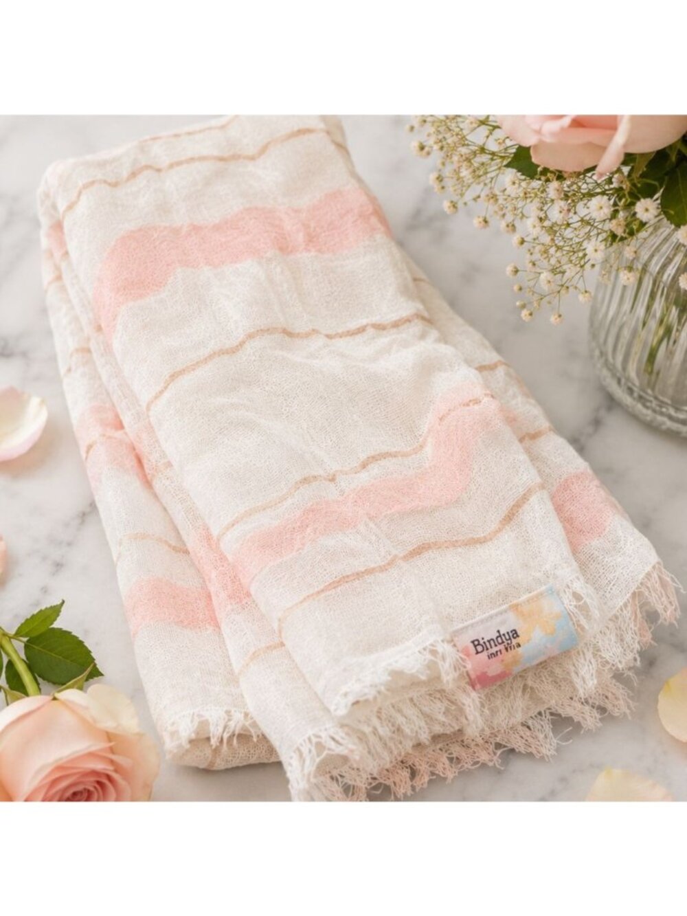 Bindya Linen Pink White Striped Lightweight Frayed Edge Scarf Wrap Shawl